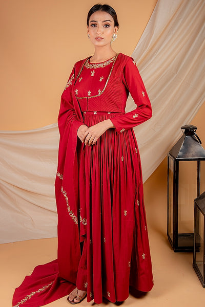 Fiery Red Jacket Anarkali Set - Indian Clothing in Denver, CO, Aurora, CO, Boulder, CO, Fort Collins, CO, Colorado Springs, CO, Parker, CO, Highlands Ranch, CO, Cherry Creek, CO, Centennial, CO, and Longmont, CO. Nationwide shipping USA - India Fashion X