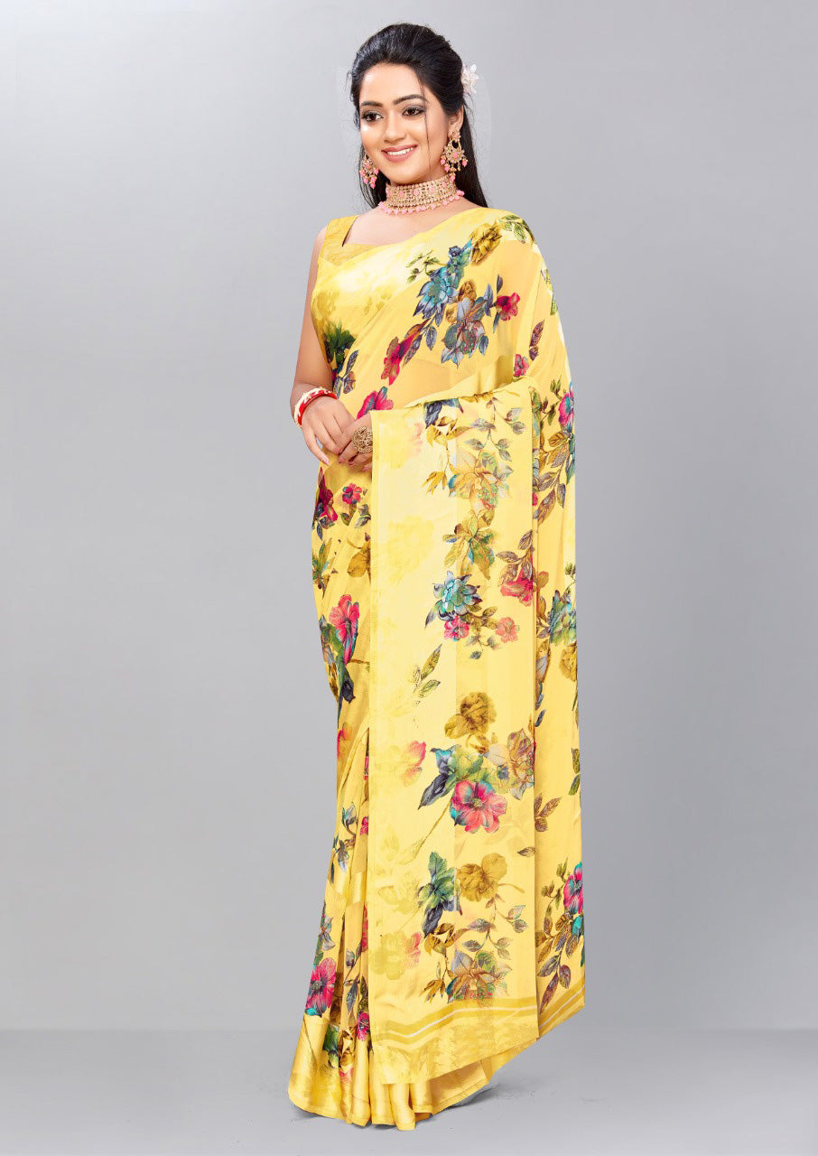 Oriental Floral Saree in Yellow - Indian Clothing in Denver, CO, Aurora, CO, Boulder, CO, Fort Collins, CO, Colorado Springs, CO, Parker, CO, Highlands Ranch, CO, Cherry Creek, CO, Centennial, CO, and Longmont, CO. Nationwide shipping USA - India Fashion X