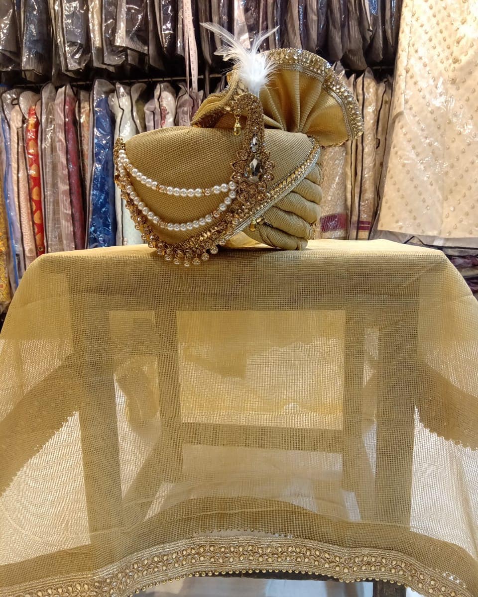 Beige Groom Pagri Dupatta Set Indian Clothing in Denver, CO, Aurora, CO, Boulder, CO, Fort Collins, CO, Colorado Springs, CO, Parker, CO, Highlands Ranch, CO, Cherry Creek, CO, Centennial, CO, and Longmont, CO. NATIONWIDE SHIPPING USA- India Fashion X