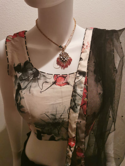 Lehenga in Floral motif and Off-White and Black Scheme - Indian Clothing in Denver, CO, Aurora, CO, Boulder, CO, Fort Collins, CO, Colorado Springs, CO, Parker, CO, Highlands Ranch, CO, Cherry Creek, CO, Centennial, CO, and Longmont, CO. Nationwide shipping USA - India Fashion X
