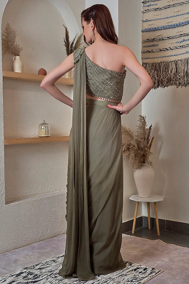 Olive Ombre Gown Saree - Indian Clothing in Denver, CO, Aurora, CO, Boulder, CO, Fort Collins, CO, Colorado Springs, CO, Parker, CO, Highlands Ranch, CO, Cherry Creek, CO, Centennial, CO, and Longmont, CO. Nationwide shipping USA - India Fashion X