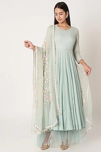 Anarkali in Soft Green Indian Clothing in Denver, CO, Aurora, CO, Boulder, CO, Fort Collins, CO, Colorado Springs, CO, Parker, CO, Highlands Ranch, CO, Cherry Creek, CO, Centennial, CO, and Longmont, CO. NATIONWIDE SHIPPING USA- India Fashion X