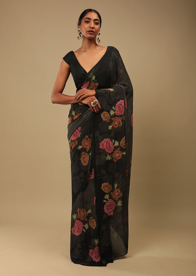 Black Rose Print Saree - Indian Clothing in Denver, CO, Aurora, CO, Boulder, CO, Fort Collins, CO, Colorado Springs, CO, Parker, CO, Highlands Ranch, CO, Cherry Creek, CO, Centennial, CO, and Longmont, CO. Nationwide shipping USA - India Fashion X