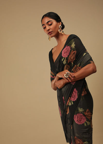 Black Rose Print Saree - Indian Clothing in Denver, CO, Aurora, CO, Boulder, CO, Fort Collins, CO, Colorado Springs, CO, Parker, CO, Highlands Ranch, CO, Cherry Creek, CO, Centennial, CO, and Longmont, CO. Nationwide shipping USA - India Fashion X