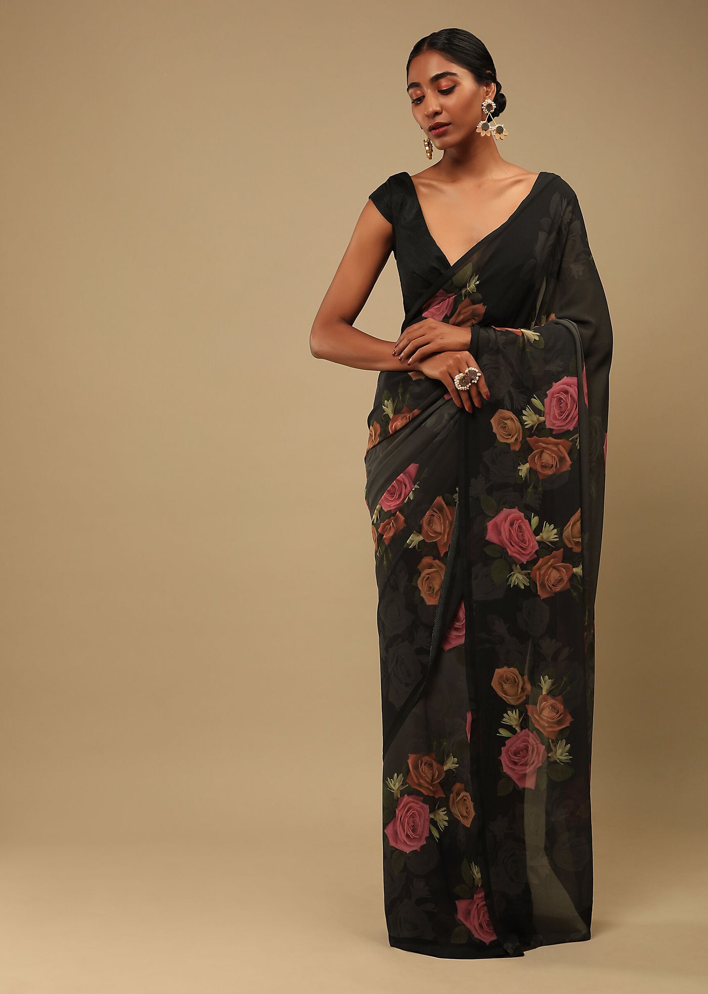 Black Rose Print Saree - Indian Clothing in Denver, CO, Aurora, CO, Boulder, CO, Fort Collins, CO, Colorado Springs, CO, Parker, CO, Highlands Ranch, CO, Cherry Creek, CO, Centennial, CO, and Longmont, CO. Nationwide shipping USA - India Fashion X