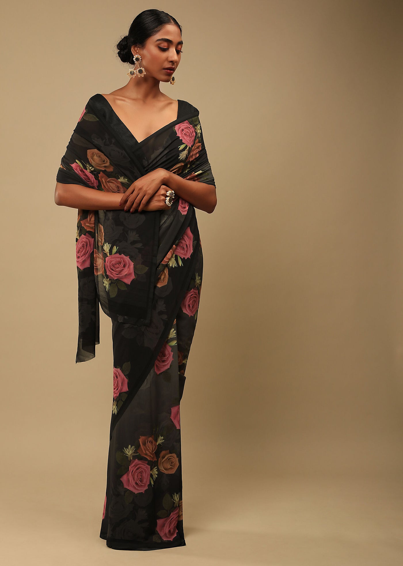 Black Rose Print Saree - Indian Clothing in Denver, CO, Aurora, CO, Boulder, CO, Fort Collins, CO, Colorado Springs, CO, Parker, CO, Highlands Ranch, CO, Cherry Creek, CO, Centennial, CO, and Longmont, CO. Nationwide shipping USA - India Fashion X
