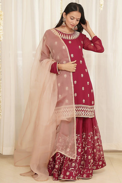Wine Embroidered Gharara Set Indian Clothing in Denver, CO, Aurora, CO, Boulder, CO, Fort Collins, CO, Colorado Springs, CO, Parker, CO, Highlands Ranch, CO, Cherry Creek, CO, Centennial, CO, and Longmont, CO. NATIONWIDE SHIPPING USA- India Fashion X