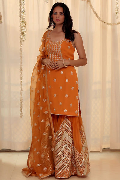 Orange Embroidered Sharara Set Indian Clothing in Denver, CO, Aurora, CO, Boulder, CO, Fort Collins, CO, Colorado Springs, CO, Parker, CO, Highlands Ranch, CO, Cherry Creek, CO, Centennial, CO, and Longmont, CO. NATIONWIDE SHIPPING USA- India Fashion X