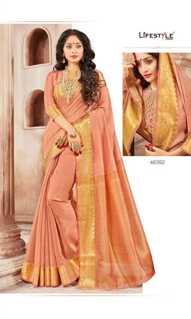 Silk Saree in Peach and gold - Indian Clothing in Denver, CO, Aurora, CO, Boulder, CO, Fort Collins, CO, Colorado Springs, CO, Parker, CO, Highlands Ranch, CO, Cherry Creek, CO, Centennial, CO, and Longmont, CO. Nationwide shipping USA - India Fashion X