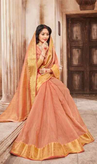 Silk Saree in Peach and gold - Indian Clothing in Denver, CO, Aurora, CO, Boulder, CO, Fort Collins, CO, Colorado Springs, CO, Parker, CO, Highlands Ranch, CO, Cherry Creek, CO, Centennial, CO, and Longmont, CO. Nationwide shipping USA - India Fashion X