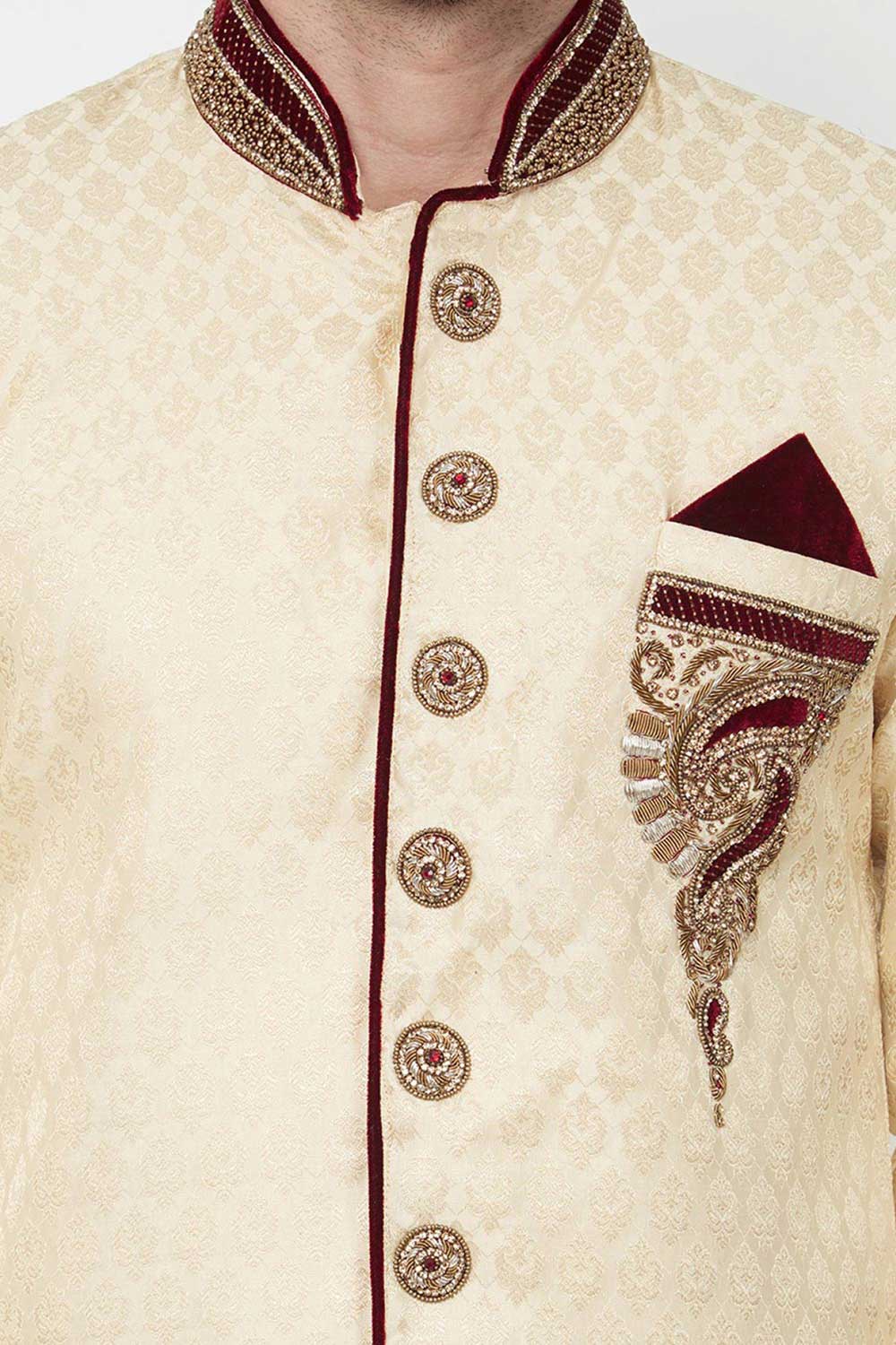 Cream Sherwani Set Indian Clothing in Denver, CO, Aurora, CO, Boulder, CO, Fort Collins, CO, Colorado Springs, CO, Parker, CO, Highlands Ranch, CO, Cherry Creek, CO, Centennial, CO, and Longmont, CO. NATIONWIDE SHIPPING USA- India Fashion X