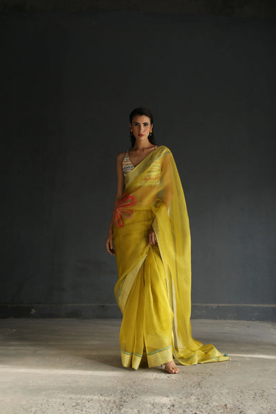 Yellow Flower Organza Saree - Indian Clothing in Denver, CO, Aurora, CO, Boulder, CO, Fort Collins, CO, Colorado Springs, CO, Parker, CO, Highlands Ranch, CO, Cherry Creek, CO, Centennial, CO, and Longmont, CO. Nationwide shipping USA - India Fashion X
