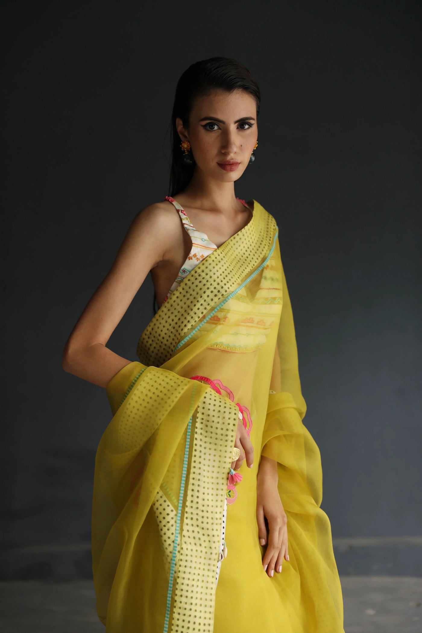 Yellow Flower Organza Saree - Indian Clothing in Denver, CO, Aurora, CO, Boulder, CO, Fort Collins, CO, Colorado Springs, CO, Parker, CO, Highlands Ranch, CO, Cherry Creek, CO, Centennial, CO, and Longmont, CO. Nationwide shipping USA - India Fashion X