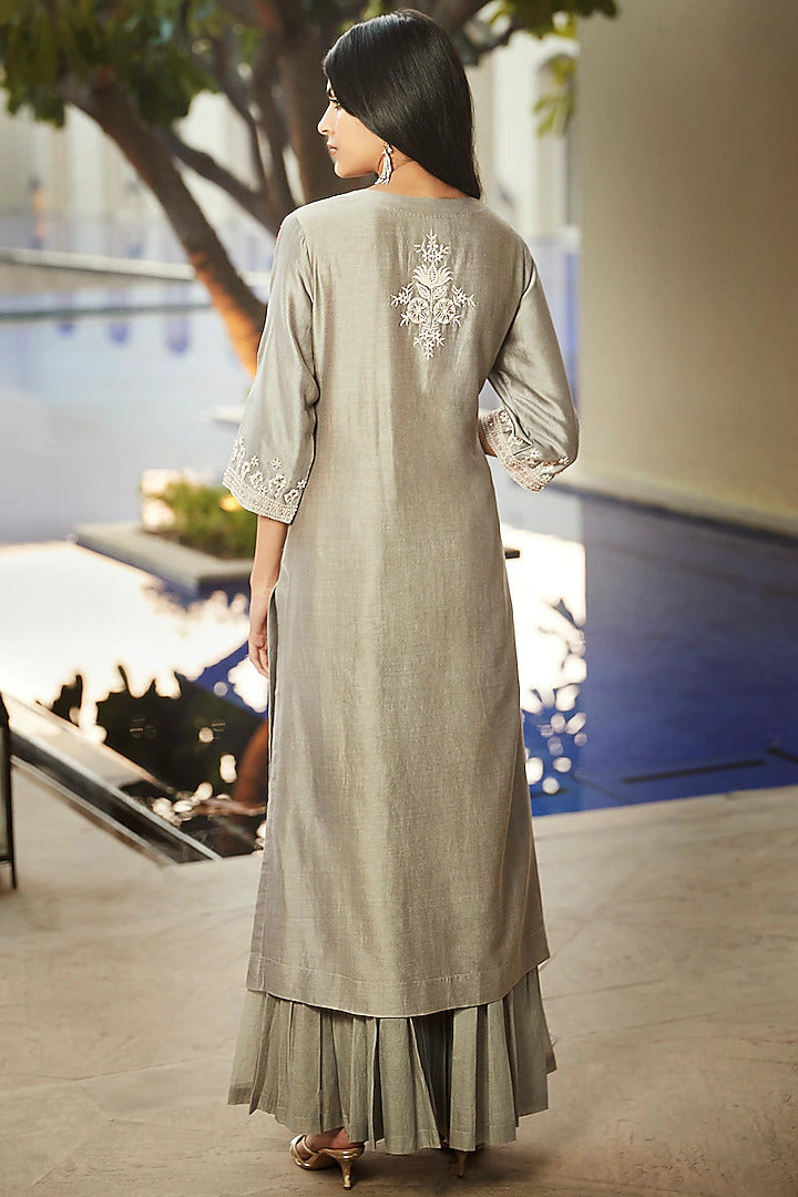 Gray Flared Sharara Set - Indian Clothing in Denver, CO, Aurora, CO, Boulder, CO, Fort Collins, CO, Colorado Springs, CO, Parker, CO, Highlands Ranch, CO, Cherry Creek, CO, Centennial, CO, and Longmont, CO. Nationwide shipping USA - India Fashion X