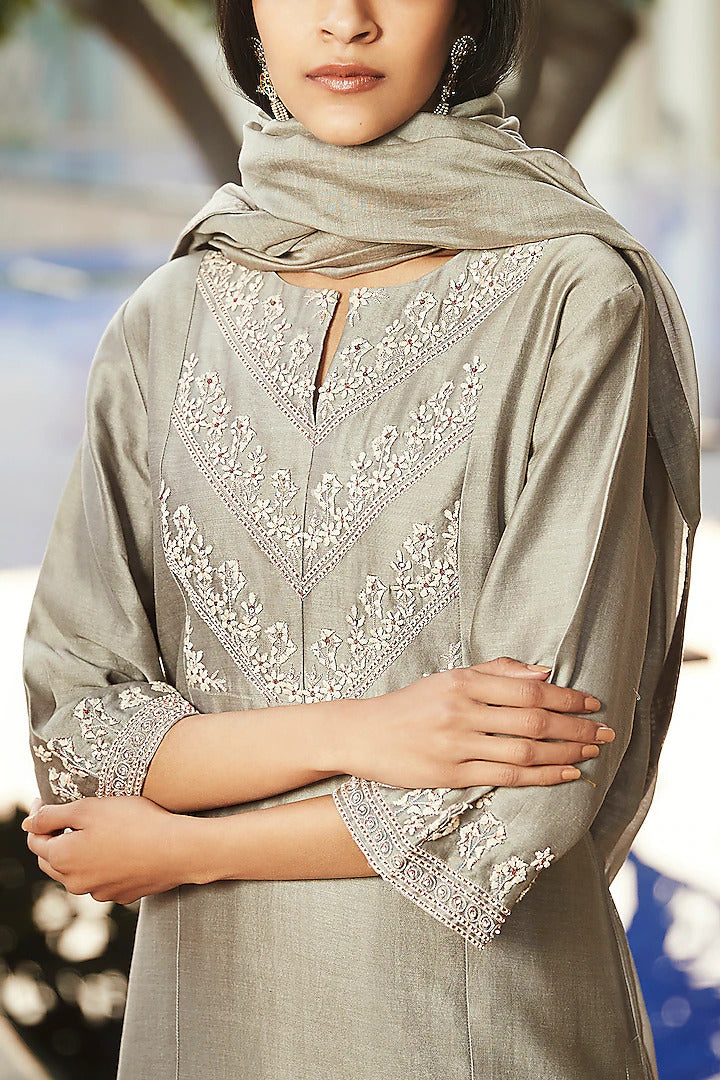 Gray Flared Sharara Set - Indian Clothing in Denver, CO, Aurora, CO, Boulder, CO, Fort Collins, CO, Colorado Springs, CO, Parker, CO, Highlands Ranch, CO, Cherry Creek, CO, Centennial, CO, and Longmont, CO. Nationwide shipping USA - India Fashion X