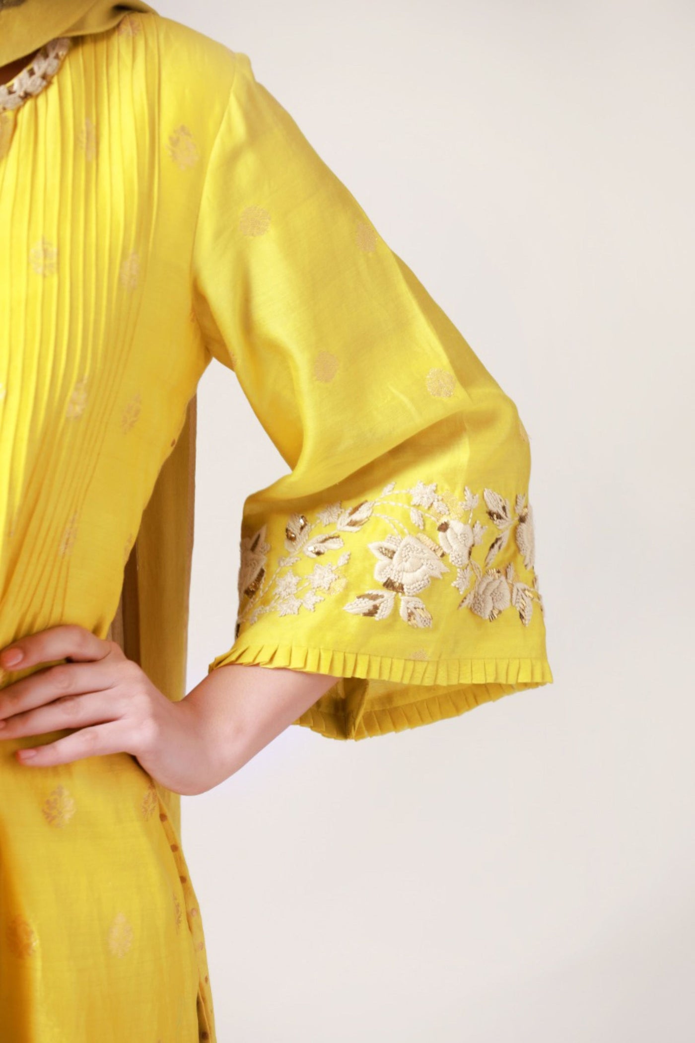 Yellow Pin Tucked Kurta - Indian Clothing in Denver, CO, Aurora, CO, Boulder, CO, Fort Collins, CO, Colorado Springs, CO, Parker, CO, Highlands Ranch, CO, Cherry Creek, CO, Centennial, CO, and Longmont, CO. Nationwide shipping USA - India Fashion X