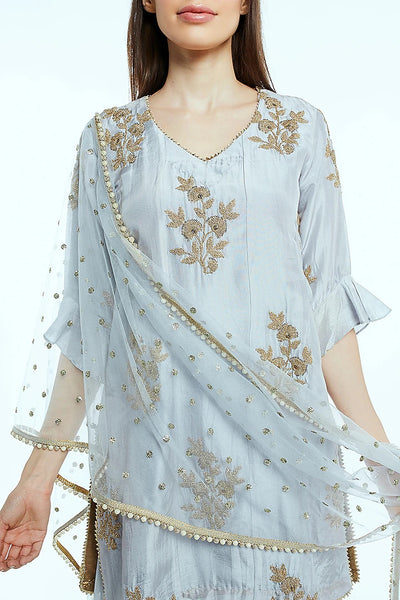 Gray Embroidered Sharara Set - Indian Clothing in Denver, CO, Aurora, CO, Boulder, CO, Fort Collins, CO, Colorado Springs, CO, Parker, CO, Highlands Ranch, CO, Cherry Creek, CO, Centennial, CO, and Longmont, CO. Nationwide shipping USA - India Fashion X