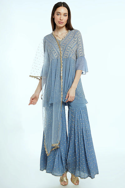 Sky Blue Embroidered Sharara Set - Indian Clothing in Denver, CO, Aurora, CO, Boulder, CO, Fort Collins, CO, Colorado Springs, CO, Parker, CO, Highlands Ranch, CO, Cherry Creek, CO, Centennial, CO, and Longmont, CO. Nationwide shipping USA - India Fashion X
