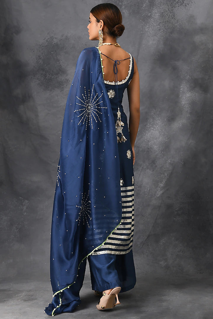Blue Mirror Sharara Set - Indian Clothing in Denver, CO, Aurora, CO, Boulder, CO, Fort Collins, CO, Colorado Springs, CO, Parker, CO, Highlands Ranch, CO, Cherry Creek, CO, Centennial, CO, and Longmont, CO. Nationwide shipping USA - India Fashion X