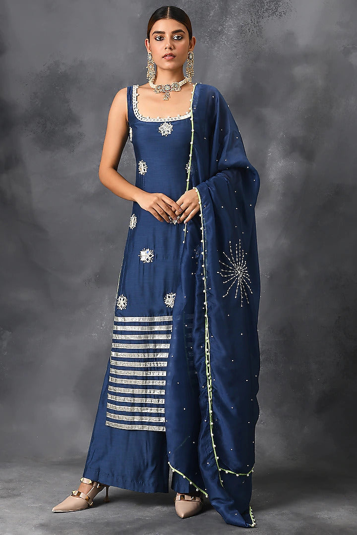 Blue Mirror Sharara Set - Indian Clothing in Denver, CO, Aurora, CO, Boulder, CO, Fort Collins, CO, Colorado Springs, CO, Parker, CO, Highlands Ranch, CO, Cherry Creek, CO, Centennial, CO, and Longmont, CO. Nationwide shipping USA - India Fashion X