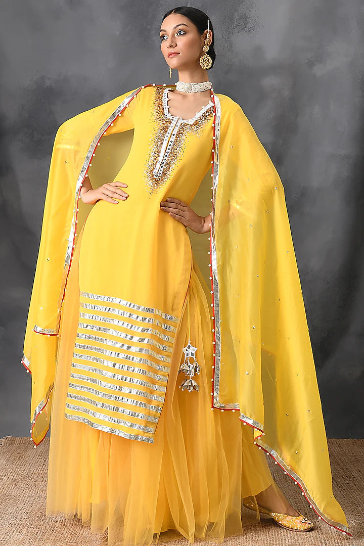 Yellow Mirror Sharara Set - Indian Clothing in Denver, CO, Aurora, CO, Boulder, CO, Fort Collins, CO, Colorado Springs, CO, Parker, CO, Highlands Ranch, CO, Cherry Creek, CO, Centennial, CO, and Longmont, CO. Nationwide shipping USA - India Fashion X