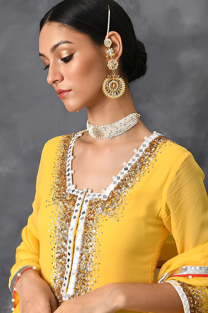 Yellow Mirror Sharara Set - Indian Clothing in Denver, CO, Aurora, CO, Boulder, CO, Fort Collins, CO, Colorado Springs, CO, Parker, CO, Highlands Ranch, CO, Cherry Creek, CO, Centennial, CO, and Longmont, CO. Nationwide shipping USA - India Fashion X