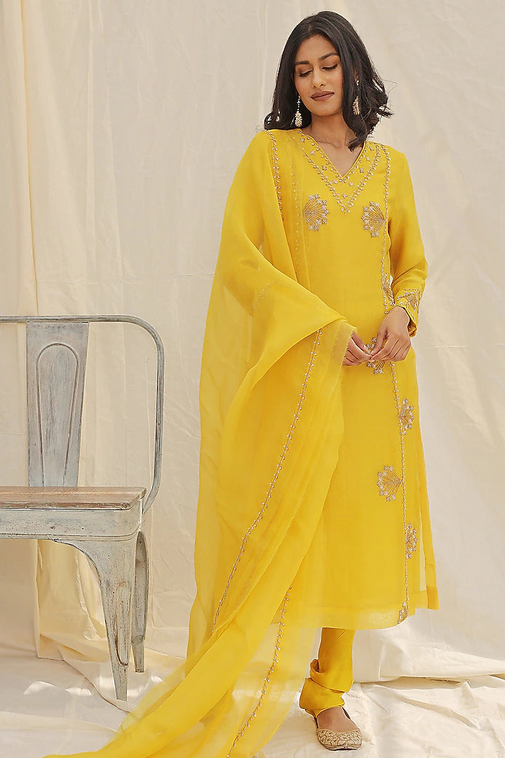 Yellow Hand Embroidered Kurta - Indian Clothing in Denver, CO, Aurora, CO, Boulder, CO, Fort Collins, CO, Colorado Springs, CO, Parker, CO, Highlands Ranch, CO, Cherry Creek, CO, Centennial, CO, and Longmont, CO. Nationwide shipping USA - India Fashion X