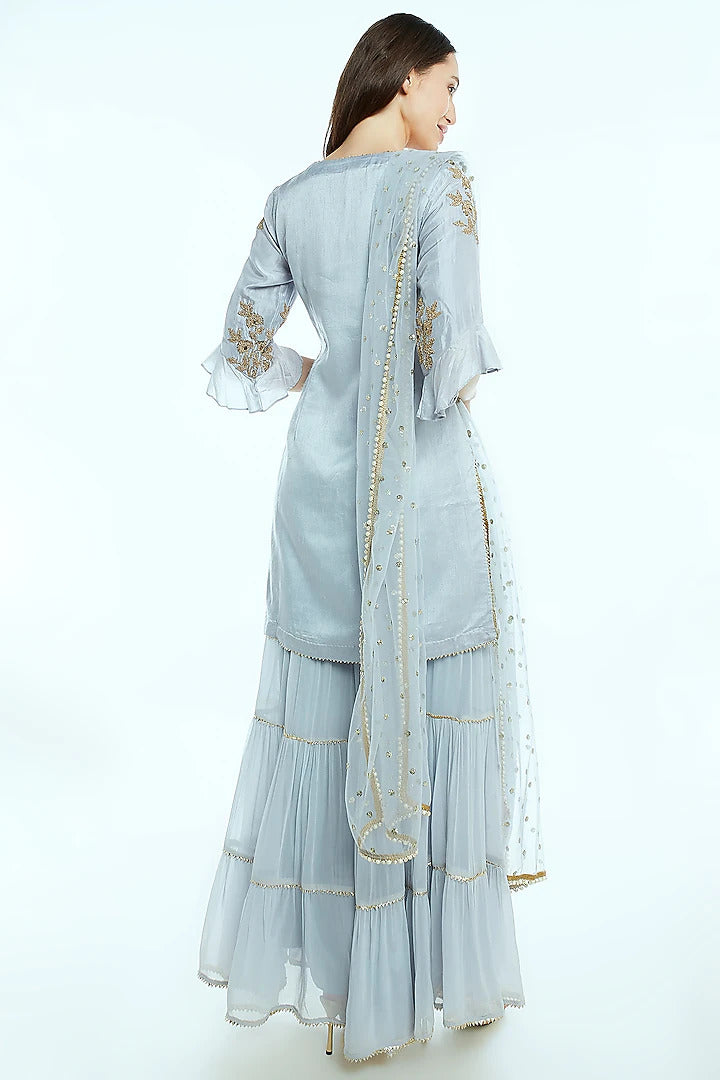 Gray Embroidered Sharara Set - Indian Clothing in Denver, CO, Aurora, CO, Boulder, CO, Fort Collins, CO, Colorado Springs, CO, Parker, CO, Highlands Ranch, CO, Cherry Creek, CO, Centennial, CO, and Longmont, CO. Nationwide shipping USA - India Fashion X