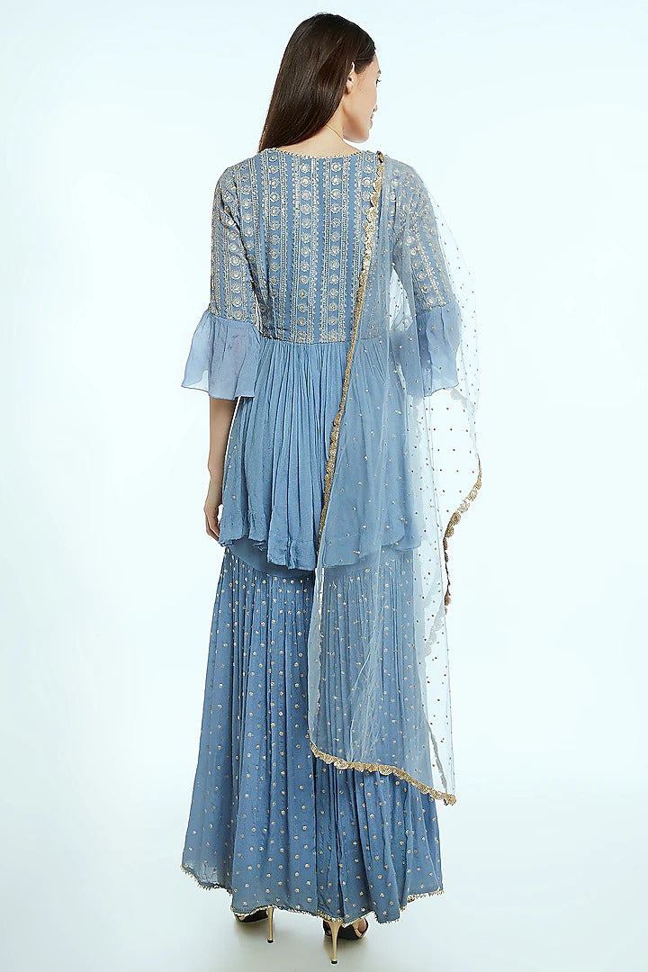 Sky Blue Embroidered Sharara Set - Indian Clothing in Denver, CO, Aurora, CO, Boulder, CO, Fort Collins, CO, Colorado Springs, CO, Parker, CO, Highlands Ranch, CO, Cherry Creek, CO, Centennial, CO, and Longmont, CO. Nationwide shipping USA - India Fashion X