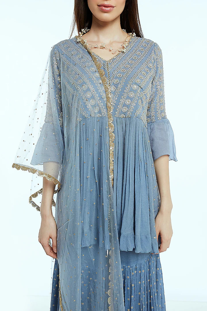 Sky Blue Embroidered Sharara Set - Indian Clothing in Denver, CO, Aurora, CO, Boulder, CO, Fort Collins, CO, Colorado Springs, CO, Parker, CO, Highlands Ranch, CO, Cherry Creek, CO, Centennial, CO, and Longmont, CO. Nationwide shipping USA - India Fashion X