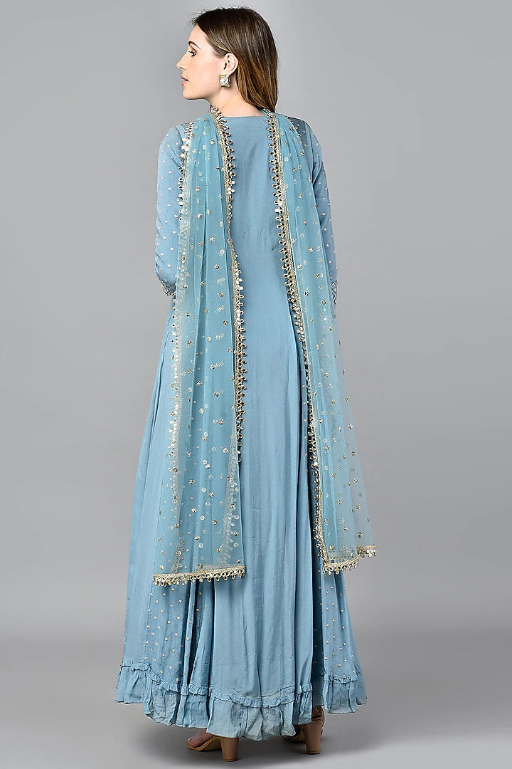 Blue Chikankari Anarkali Set - Indian Clothing in Denver, CO, Aurora, CO, Boulder, CO, Fort Collins, CO, Colorado Springs, CO, Parker, CO, Highlands Ranch, CO, Cherry Creek, CO, Centennial, CO, and Longmont, CO. Nationwide shipping USA - India Fashion X