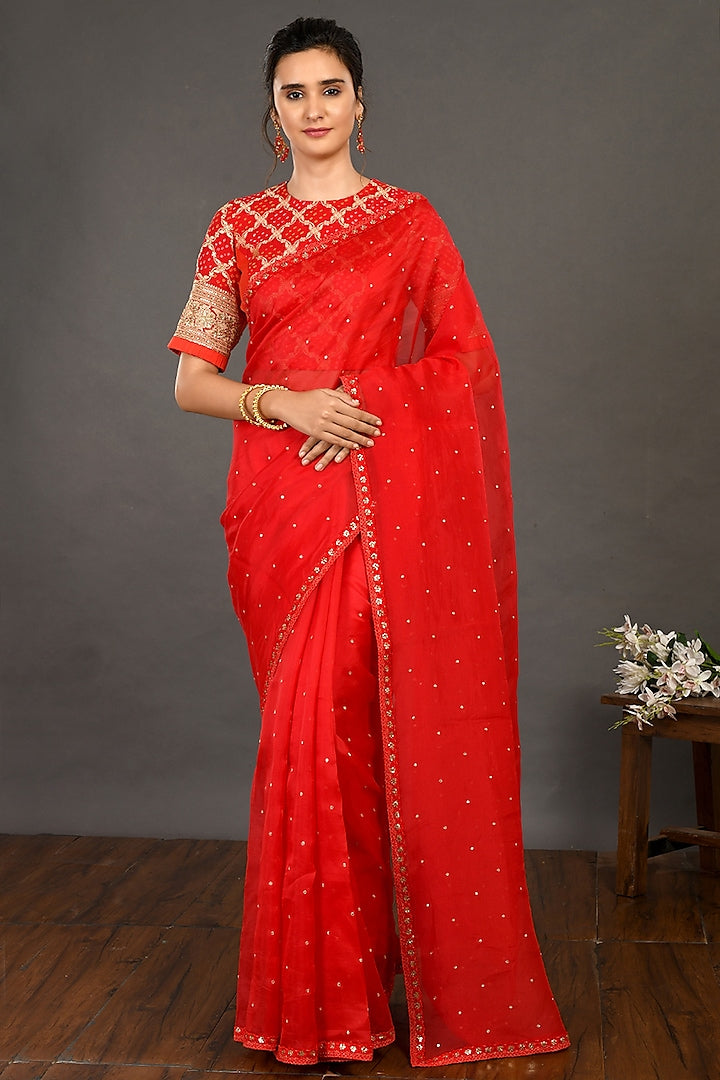 Red Embroidered Saree Set - Indian Clothing in Denver, CO, Aurora, CO, Boulder, CO, Fort Collins, CO, Colorado Springs, CO, Parker, CO, Highlands Ranch, CO, Cherry Creek, CO, Centennial, CO, and Longmont, CO. Nationwide shipping USA - India Fashion X