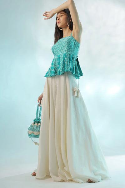 Blue Chanderi Peplum Palazzo Set Indian Clothing in Denver, CO, Aurora, CO, Boulder, CO, Fort Collins, CO, Colorado Springs, CO, Parker, CO, Highlands Ranch, CO, Cherry Creek, CO, Centennial, CO, and Longmont, CO. NATIONWIDE SHIPPING USA- India Fashion X