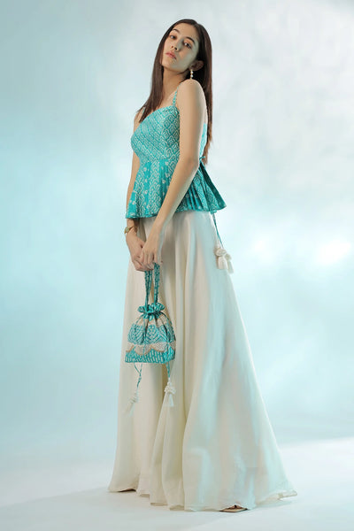 Blue Chanderi Peplum Palazzo Set Indian Clothing in Denver, CO, Aurora, CO, Boulder, CO, Fort Collins, CO, Colorado Springs, CO, Parker, CO, Highlands Ranch, CO, Cherry Creek, CO, Centennial, CO, and Longmont, CO. NATIONWIDE SHIPPING USA- India Fashion X