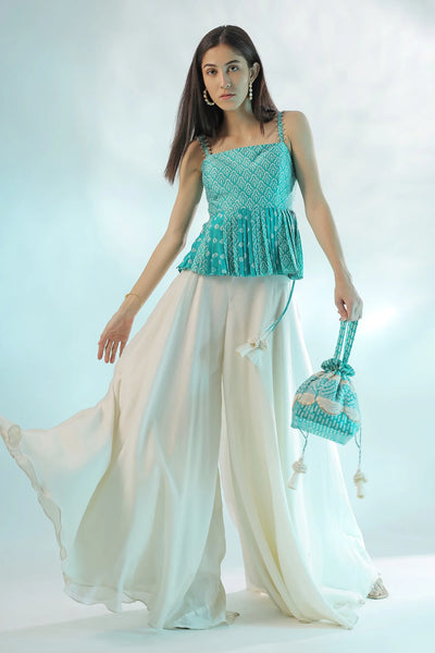 Blue Chanderi Peplum Palazzo Set Indian Clothing in Denver, CO, Aurora, CO, Boulder, CO, Fort Collins, CO, Colorado Springs, CO, Parker, CO, Highlands Ranch, CO, Cherry Creek, CO, Centennial, CO, and Longmont, CO. NATIONWIDE SHIPPING USA- India Fashion X