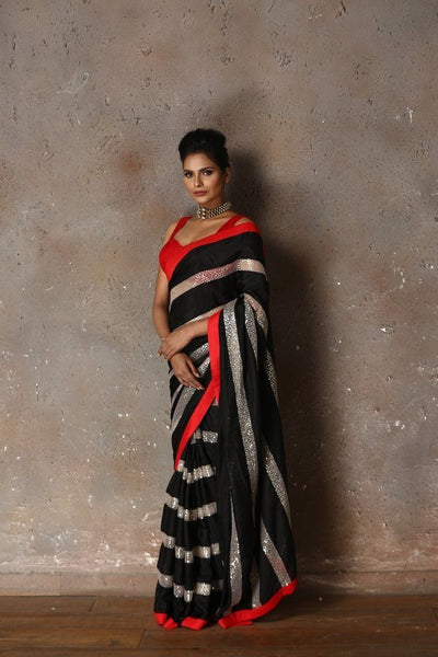 Saree in Black and White Horizontal Stripe Featured in Silk and Net - Indian Clothing in Denver, CO, Aurora, CO, Boulder, CO, Fort Collins, CO, Colorado Springs, CO, Parker, CO, Highlands Ranch, CO, Cherry Creek, CO, Centennial, CO, and Longmont, CO. Nationwide shipping USA - India Fashion X