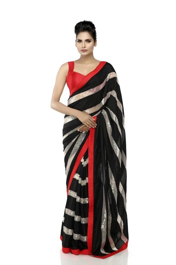 Saree in Black and White Horizontal Stripe Featured in Silk and Net - Indian Clothing in Denver, CO, Aurora, CO, Boulder, CO, Fort Collins, CO, Colorado Springs, CO, Parker, CO, Highlands Ranch, CO, Cherry Creek, CO, Centennial, CO, and Longmont, CO. Nationwide shipping USA - India Fashion X