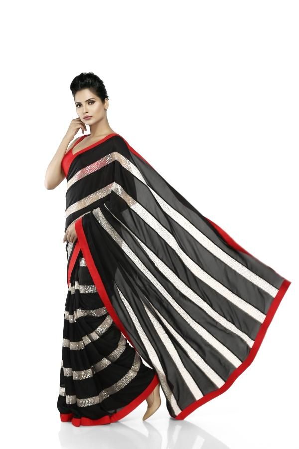 Saree in Black and White Horizontal Stripe Featured in Silk and Net - Indian Clothing in Denver, CO, Aurora, CO, Boulder, CO, Fort Collins, CO, Colorado Springs, CO, Parker, CO, Highlands Ranch, CO, Cherry Creek, CO, Centennial, CO, and Longmont, CO. Nationwide shipping USA - India Fashion X