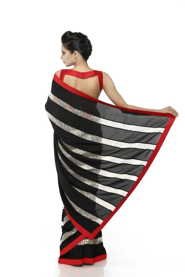 Saree in Black and White Horizontal Stripe Featured in Silk and Net - Indian Clothing in Denver, CO, Aurora, CO, Boulder, CO, Fort Collins, CO, Colorado Springs, CO, Parker, CO, Highlands Ranch, CO, Cherry Creek, CO, Centennial, CO, and Longmont, CO. Nationwide shipping USA - India Fashion X