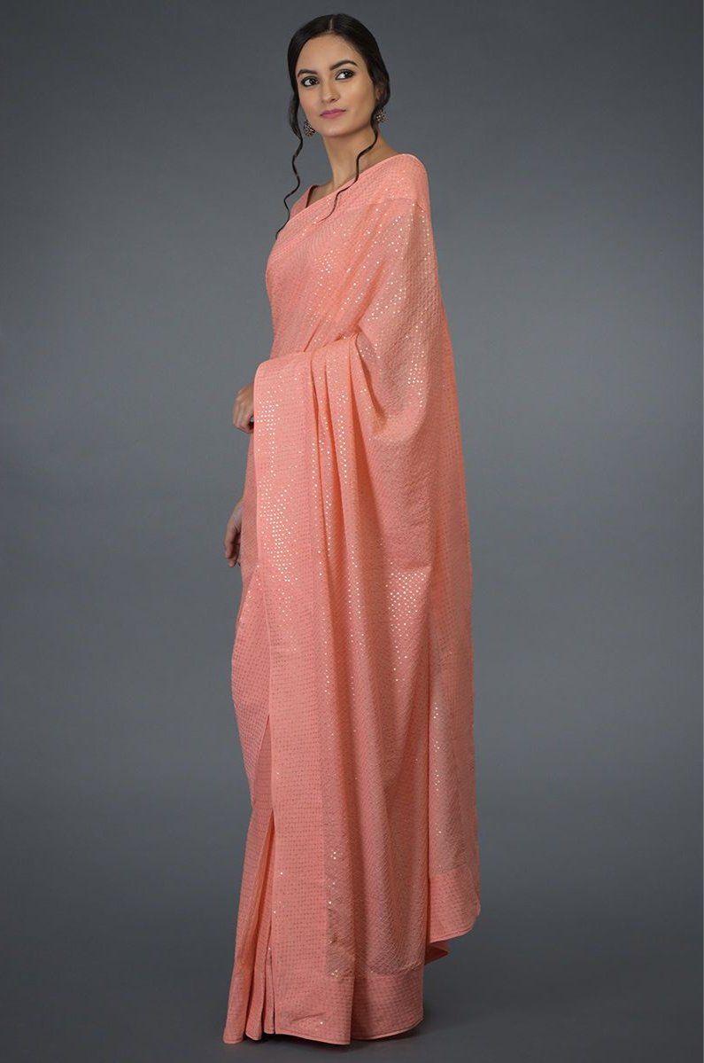 Saree in Peach Rose Pink Featured in Crepe - Indian Clothing in Denver, CO, Aurora, CO, Boulder, CO, Fort Collins, CO, Colorado Springs, CO, Parker, CO, Highlands Ranch, CO, Cherry Creek, CO, Centennial, CO, and Longmont, CO. Nationwide shipping USA - India Fashion X