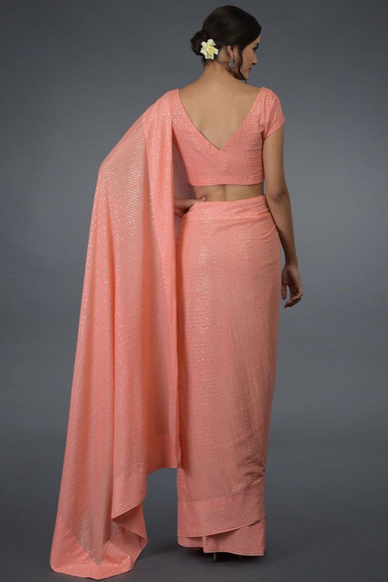 Saree in Peach Rose Pink Featured in Crepe - Indian Clothing in Denver, CO, Aurora, CO, Boulder, CO, Fort Collins, CO, Colorado Springs, CO, Parker, CO, Highlands Ranch, CO, Cherry Creek, CO, Centennial, CO, and Longmont, CO. Nationwide shipping USA - India Fashion X