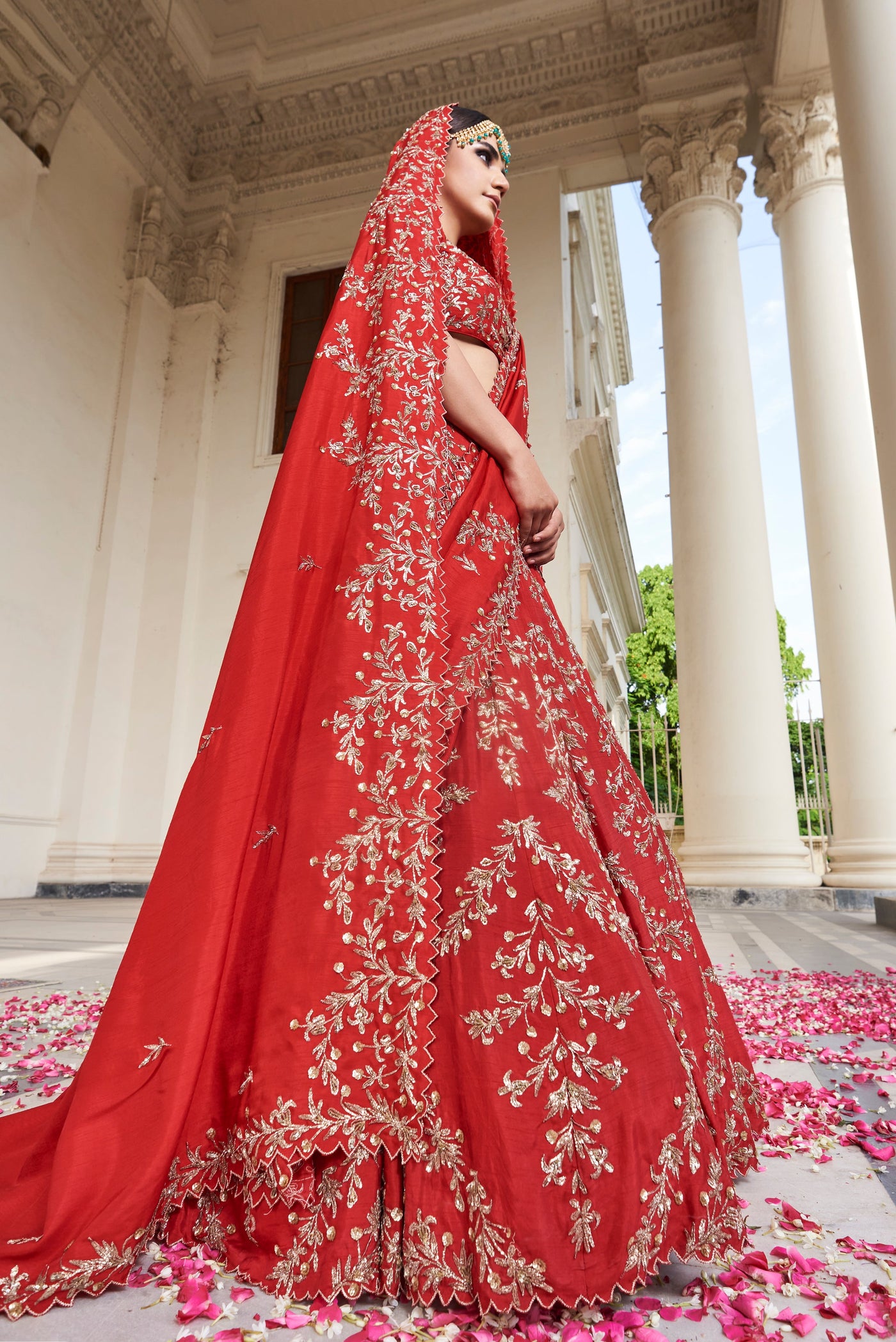 Red Scallop Lehenga with Veil - Indian Clothing in Denver, CO, Aurora, CO, Boulder, CO, Fort Collins, CO, Colorado Springs, CO, Parker, CO, Highlands Ranch, CO, Cherry Creek, CO, Centennial, CO, and Longmont, CO. Nationwide shipping USA - India Fashion X