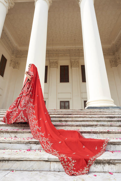 Red Scallop Lehenga with Veil - Indian Clothing in Denver, CO, Aurora, CO, Boulder, CO, Fort Collins, CO, Colorado Springs, CO, Parker, CO, Highlands Ranch, CO, Cherry Creek, CO, Centennial, CO, and Longmont, CO. Nationwide shipping USA - India Fashion X