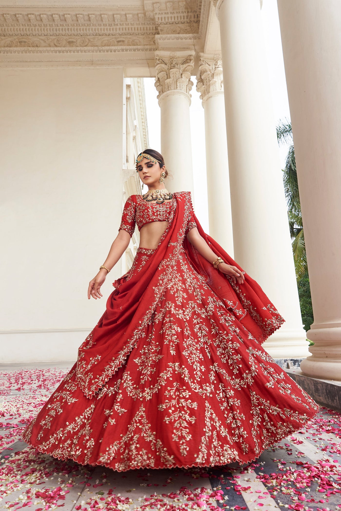 Red Scallop Lehenga with Veil - Indian Clothing in Denver, CO, Aurora, CO, Boulder, CO, Fort Collins, CO, Colorado Springs, CO, Parker, CO, Highlands Ranch, CO, Cherry Creek, CO, Centennial, CO, and Longmont, CO. Nationwide shipping USA - India Fashion X