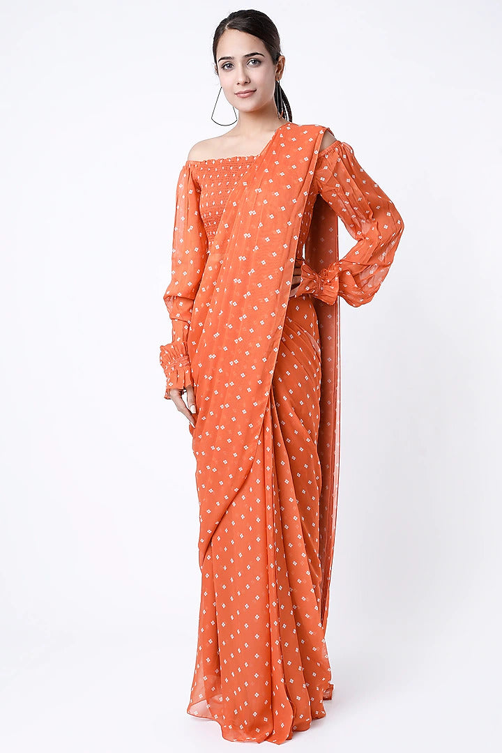Rust Orange Drop Shoulder Saree - Indian Clothing in Denver, CO, Aurora, CO, Boulder, CO, Fort Collins, CO, Colorado Springs, CO, Parker, CO, Highlands Ranch, CO, Cherry Creek, CO, Centennial, CO, and Longmont, CO. Nationwide shipping USA - India Fashion X