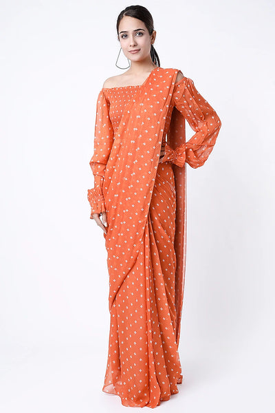 Rust Orange Drop Shoulder Saree - Indian Clothing in Denver, CO, Aurora, CO, Boulder, CO, Fort Collins, CO, Colorado Springs, CO, Parker, CO, Highlands Ranch, CO, Cherry Creek, CO, Centennial, CO, and Longmont, CO. Nationwide shipping USA - India Fashion X