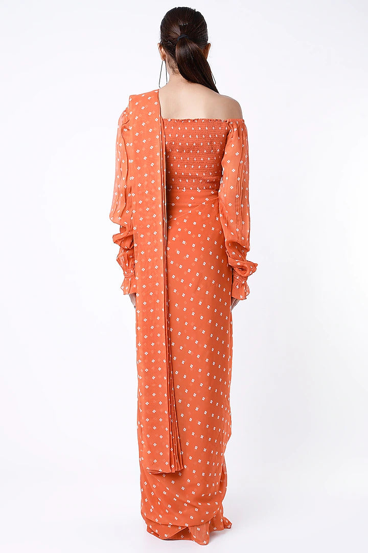 Rust Orange Drop Shoulder Saree - Indian Clothing in Denver, CO, Aurora, CO, Boulder, CO, Fort Collins, CO, Colorado Springs, CO, Parker, CO, Highlands Ranch, CO, Cherry Creek, CO, Centennial, CO, and Longmont, CO. Nationwide shipping USA - India Fashion X
