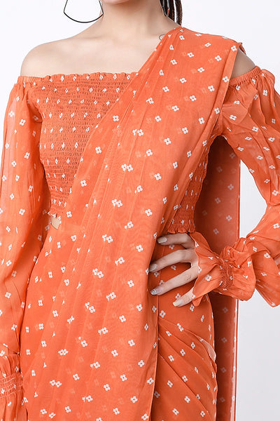 Rust Orange Drop Shoulder Saree - Indian Clothing in Denver, CO, Aurora, CO, Boulder, CO, Fort Collins, CO, Colorado Springs, CO, Parker, CO, Highlands Ranch, CO, Cherry Creek, CO, Centennial, CO, and Longmont, CO. Nationwide shipping USA - India Fashion X