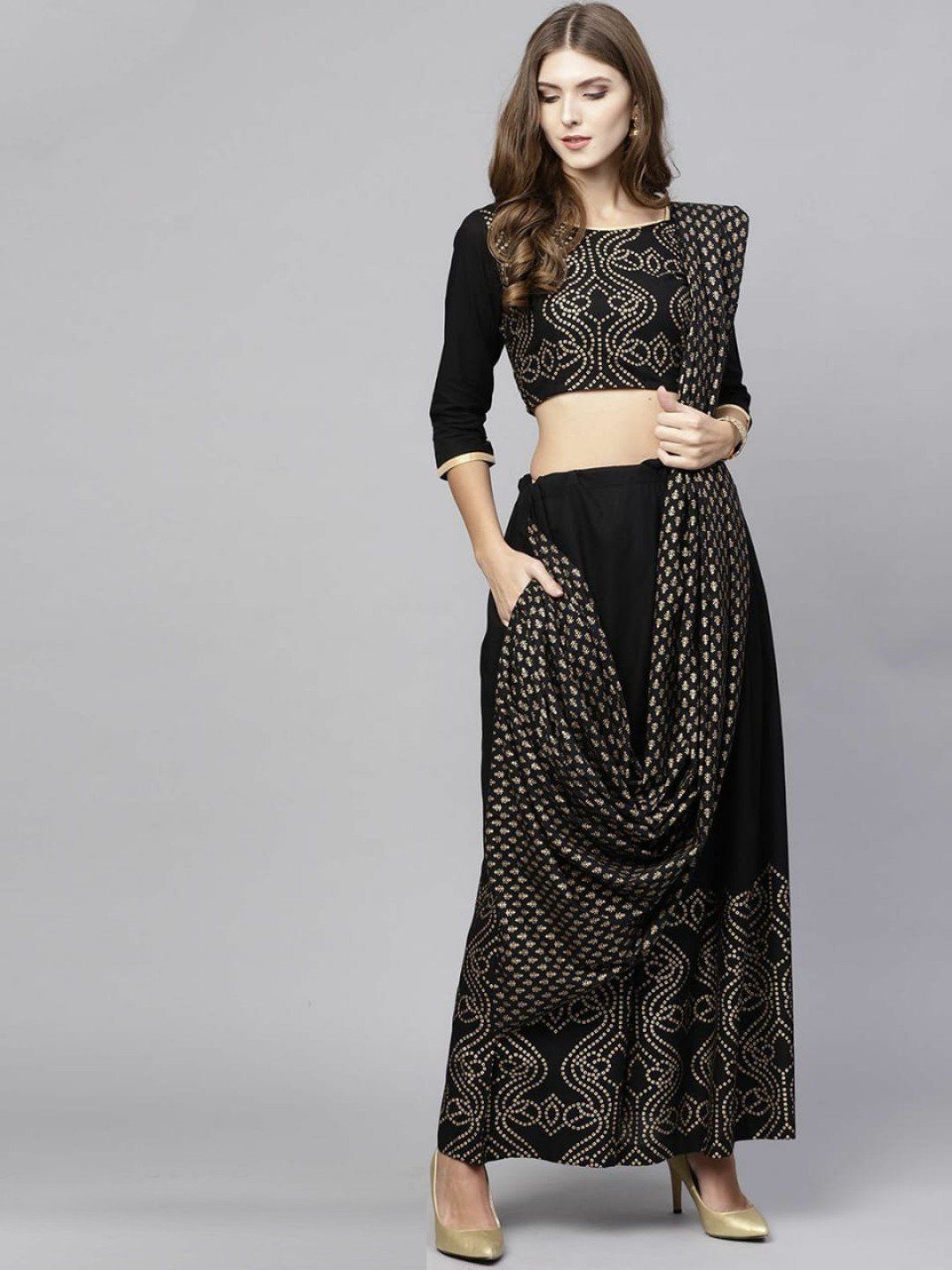 Lehenga in black with gold foil embroidery work - Indian Clothing in Denver, CO, Aurora, CO, Boulder, CO, Fort Collins, CO, Colorado Springs, CO, Parker, CO, Highlands Ranch, CO, Cherry Creek, CO, Centennial, CO, and Longmont, CO. Nationwide shipping USA - India Fashion X
