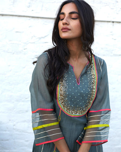 Gray Sequence Yoke Kurta Set - Indian Clothing in Denver, CO, Aurora, CO, Boulder, CO, Fort Collins, CO, Colorado Springs, CO, Parker, CO, Highlands Ranch, CO, Cherry Creek, CO, Centennial, CO, and Longmont, CO. Nationwide shipping USA - India Fashion X